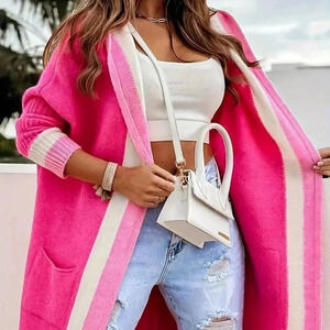 Hot Pink Casual Women's Stylish Contrast Color Hooded Knit Cardigan